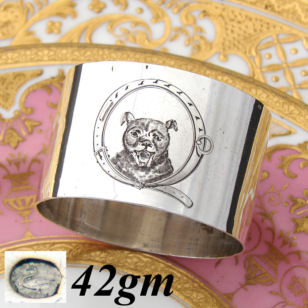 Charming Antique French Hallmarked Sterling Silver Napkin Ring, Rare Bear or Dog Figure