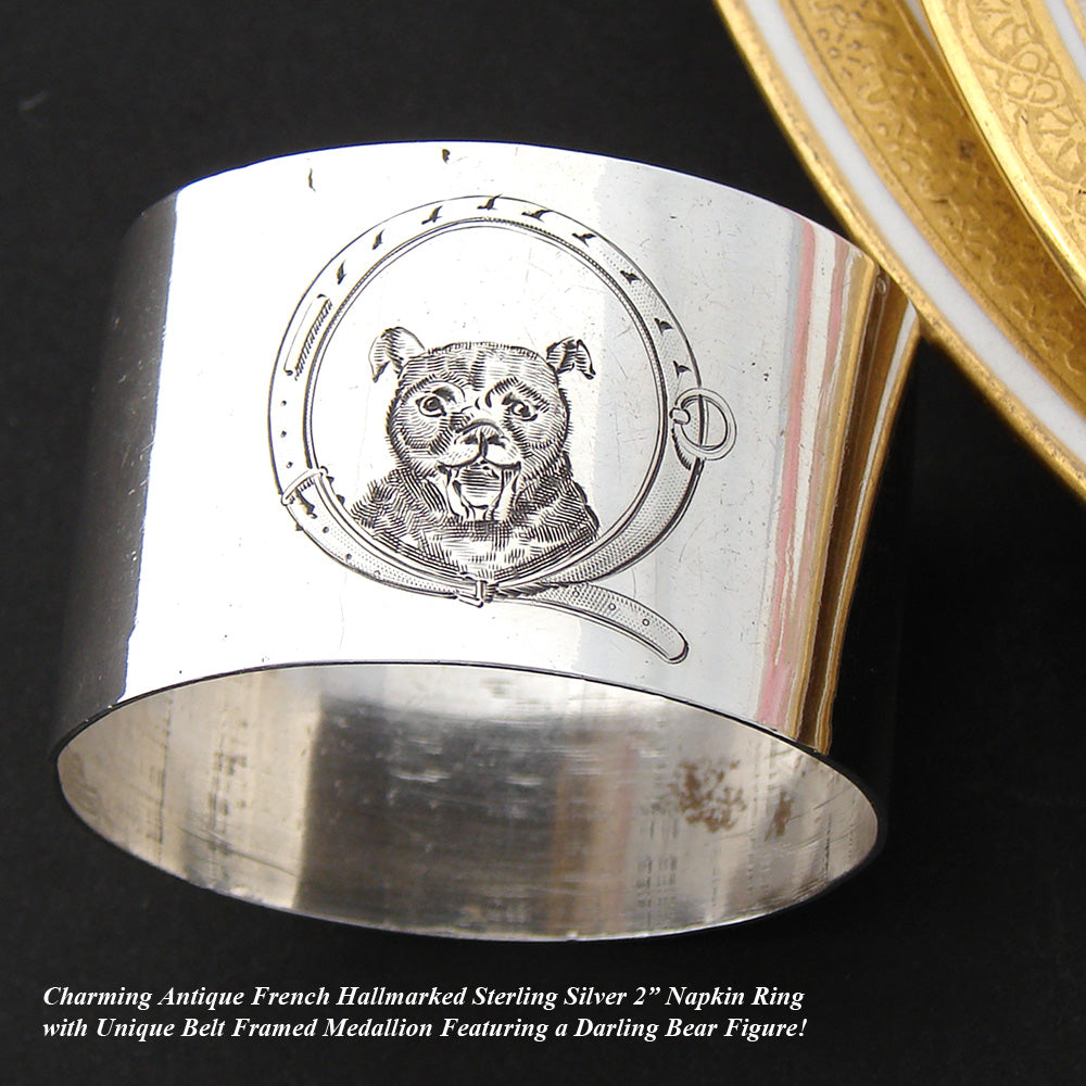 Charming Antique French Hallmarked Sterling Silver Napkin Ring, Rare Bear or Dog Figure