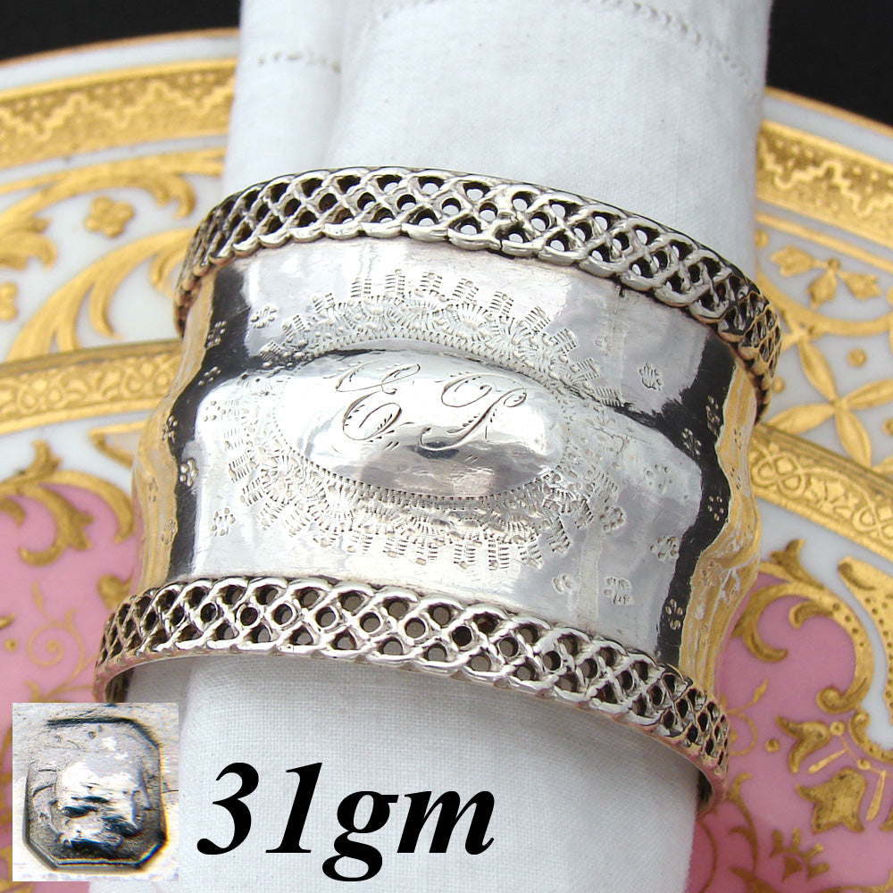 Antique French Sterling Silver Napkin Ring, Guilloche Style Decoration, EP Monog