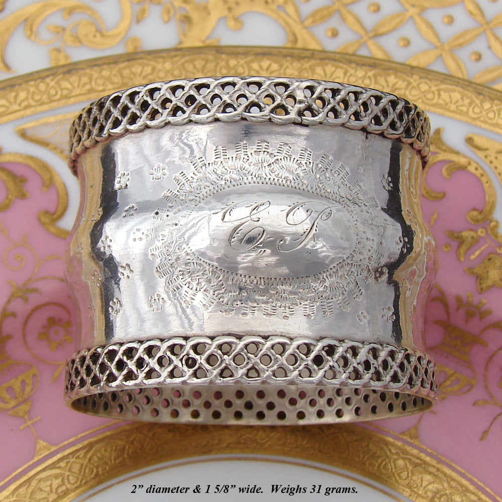 Antique French Sterling Silver Napkin Ring, Guilloche Style Decoration, EP Monog