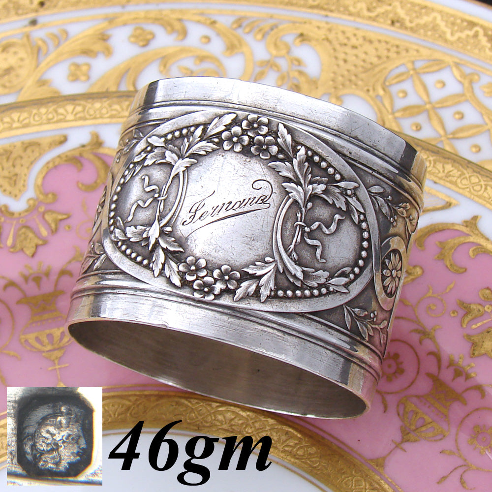 Antique French Sterling Silver Napkin Ring, Ornate Floral & Foliage Decoration, "Fernand" Inscription