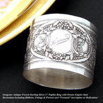 Antique French Sterling Silver Napkin Ring, Ornate Floral & Foliage Decoration, "Fernand" Inscription