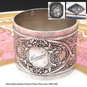 Antique French Sterling Silver Napkin Ring, Ornate Floral & Foliage Decoration, "Fernand" Inscription