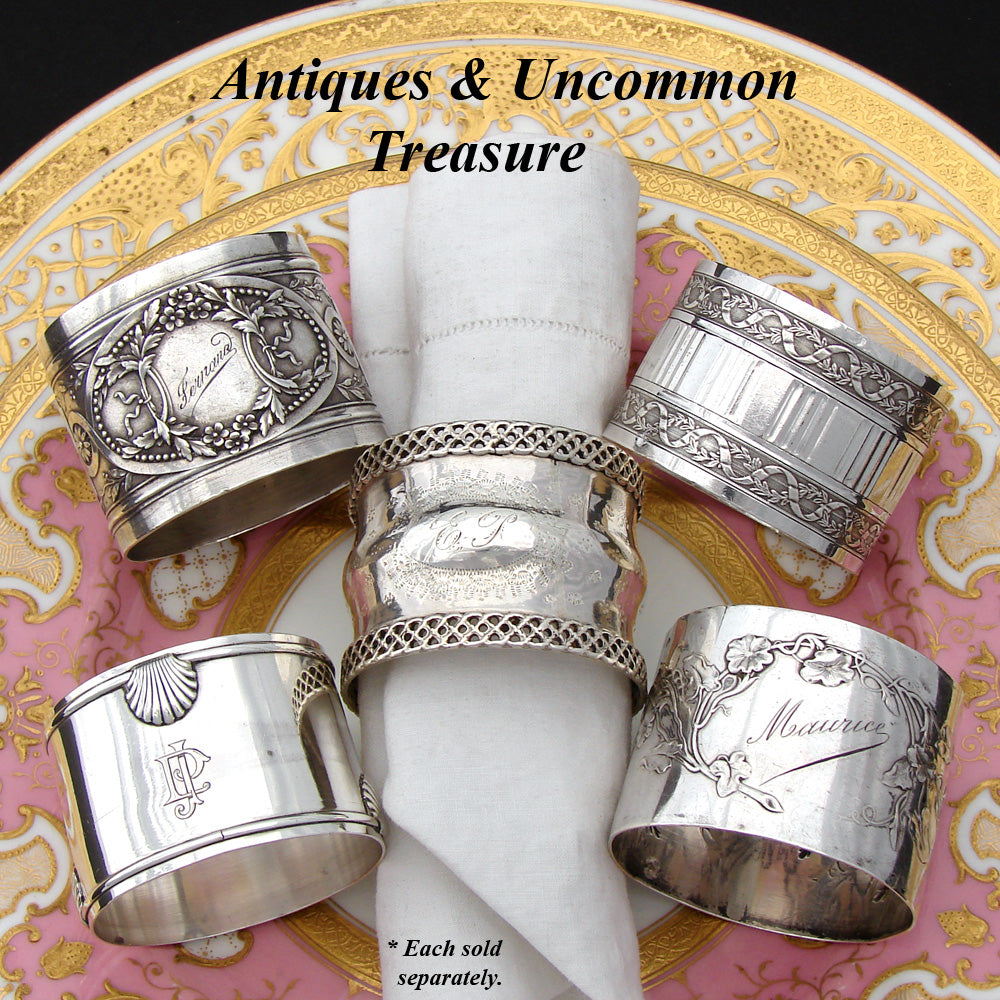 Antique French Sterling Silver Napkin Ring, Ornate Floral & Foliage Decoration, "Fernand" Inscription