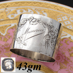 Lovely Antique French Art Nouveau Style Sterling Silver Napkin Ring, Vines, Leaves & Floral, "Maurice"