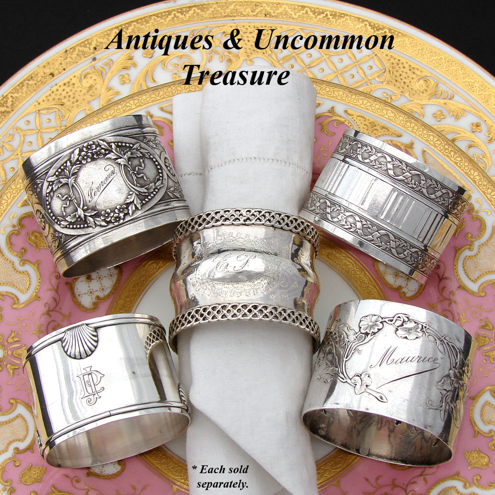Lovely Antique French Art Nouveau Style Sterling Silver Napkin Ring, Vines, Leaves & Floral, "Maurice"