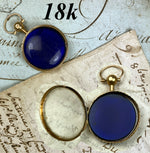 Petit Antique French 18k Gold Locket, Convex Blue Glass or Sapphire, Cover Glass