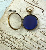 Petit Antique French 18k Gold Locket, Convex Blue Glass or Sapphire, Cover Glass