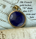 Petit Antique French 18k Gold Locket, Convex Blue Glass or Sapphire, Cover Glass