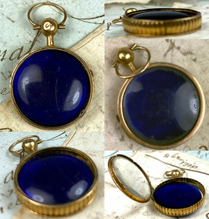 Petit Antique French 18k Gold Locket, Convex Blue Glass or Sapphire, Cover Glass