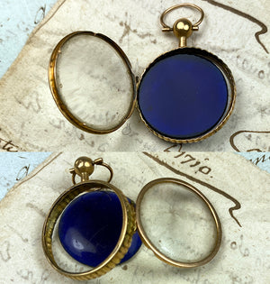 Petit Antique French 18k Gold Locket, Convex Blue Glass or Sapphire, Cover Glass