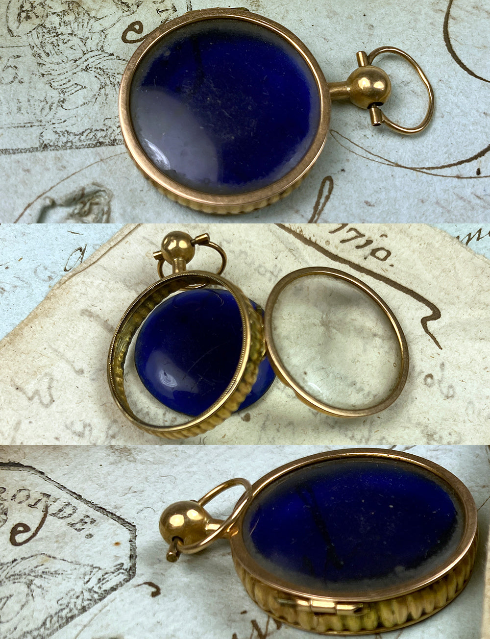 Petit Antique French 18k Gold Locket, Convex Blue Glass or Sapphire, Cover Glass