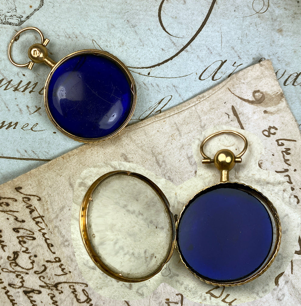 Petit Antique French 18k Gold Locket, Convex Blue Glass or Sapphire, Cover Glass