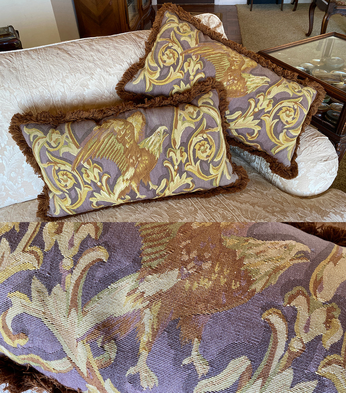 PAIR (2) Vintage Woven Wool Decorator Throw Pillows, French Aubusson Look, Eagle
