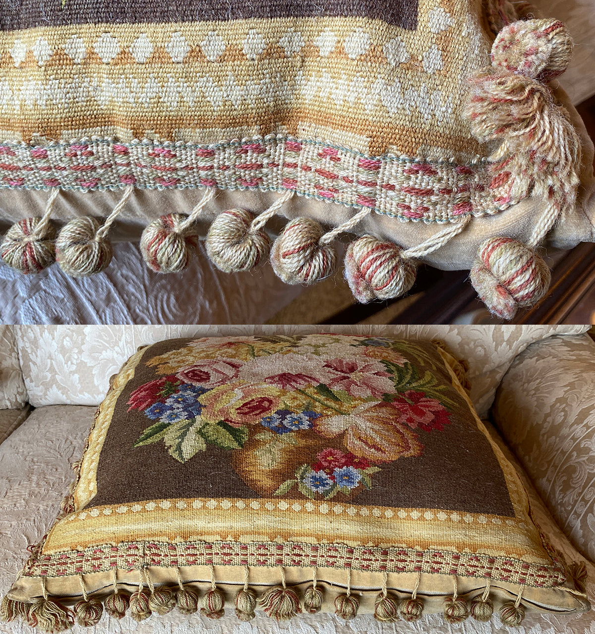 Superb 22" Square French Aubusson Tapestry Panel Vintage Pillow, Ball Fringe Passementerie