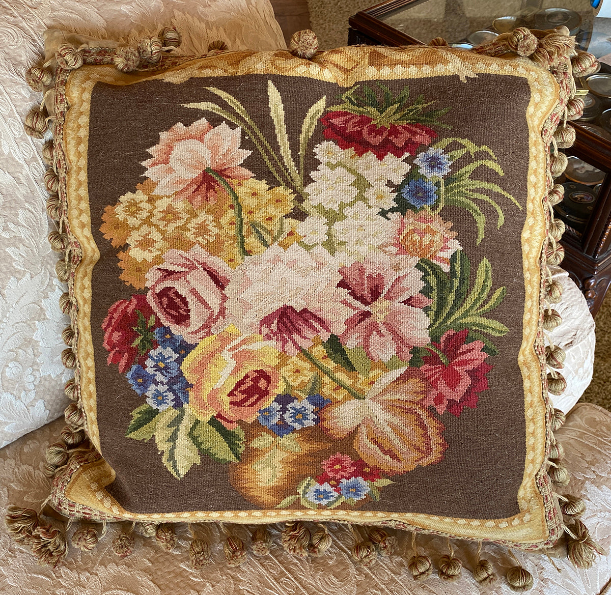 Superb 22" Square French Aubusson Tapestry Panel Vintage Pillow, Ball Fringe Passementerie