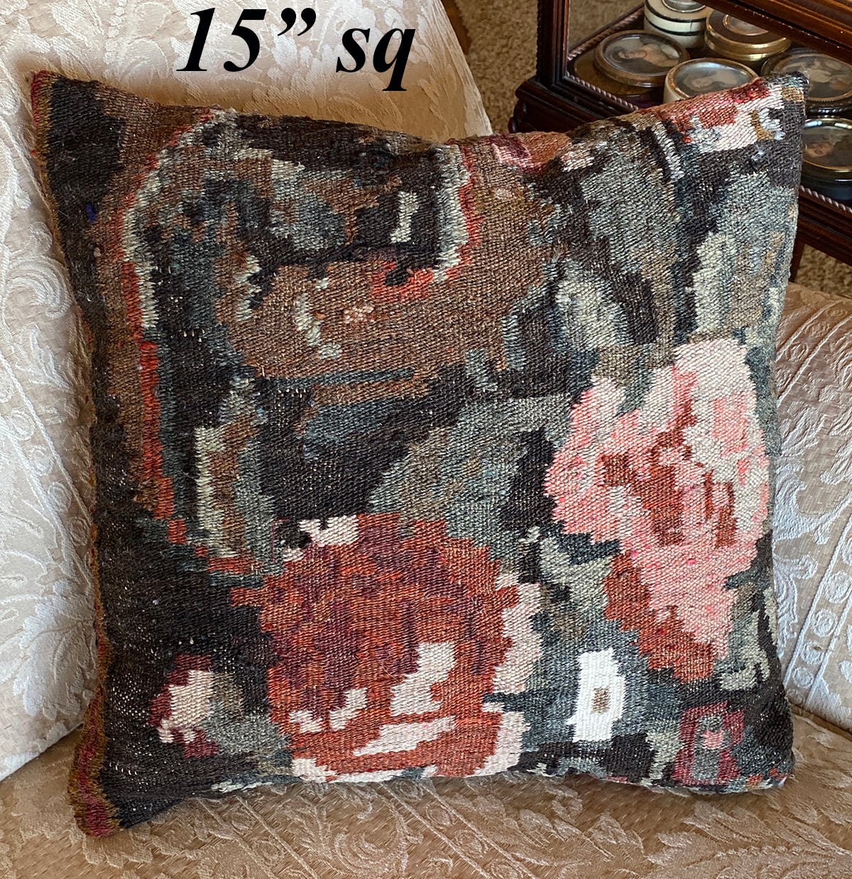 Fine Vintage to Antique Loom Woven Wool Rug or Tapestry Panel is Throw Pillow, 15" Sq.