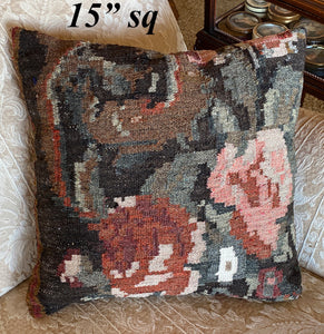 Fine Vintage to Antique Loom Woven Wool Rug or Tapestry Panel is Throw Pillow, 15" Sq.