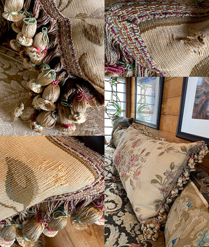 HUGE Antique French Aubusson Tapestry Made up as 43" x 21.5" Sofa or Bed Pillow, Bolster