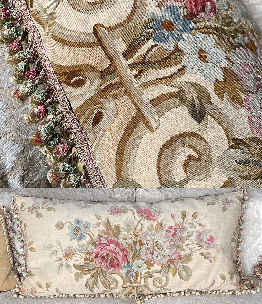 HUGE Antique French Aubusson Tapestry Made up as 43" x 21.5" Sofa or Bed Pillow, Bolster