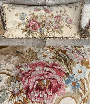 HUGE Antique French Aubusson Tapestry Made up as 43" x 21.5" Sofa or Bed Pillow, Bolster