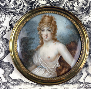 Antique 18th Century French Portrait Miniature, 18k Face on Frame, Beautiful Naughty, Incroyables