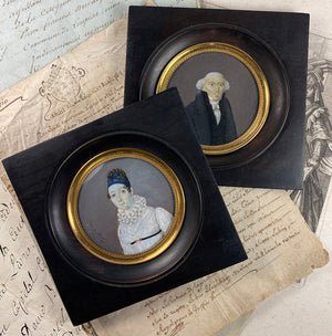 Pair Antique French ID'd Portrait Miniatures, Grandfather, Daughter, c. 1814 Toulouse