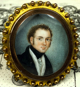 Tiny 18th C. Antique French Portrait Miniature in Easel Back Frame, Was 2" Bracelet Clasp