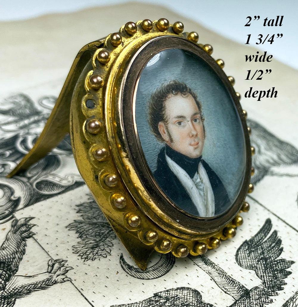 Tiny 18th C. Antique French Portrait Miniature in Easel Back Frame, Was 2" Bracelet Clasp