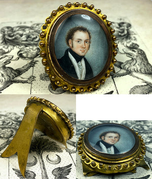 Tiny 18th C. Antique French Portrait Miniature in Easel Back Frame, Was 2" Bracelet Clasp