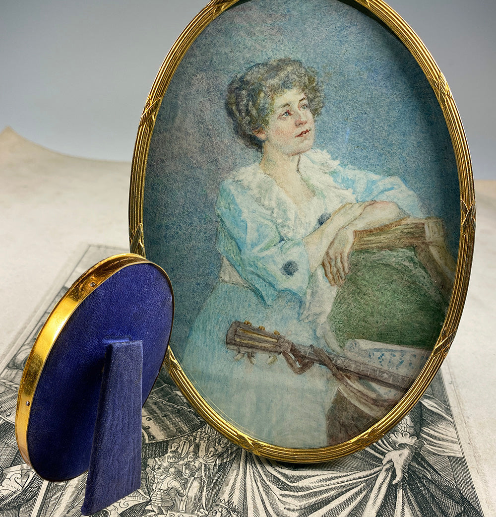 Antique c.1910 English Portrait Miniature, Woman with Guitar, 3/4 Pose –  Antiques & Uncommon Treasure
