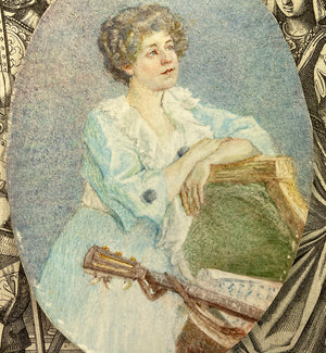 Antique c.1910 English Portrait Miniature, Woman with Guitar, 3/4