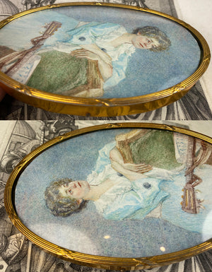 Antique c.1910 English Portrait Miniature, Woman with Guitar, 3/4 Pose, 24k Gold Plated 5" Frame