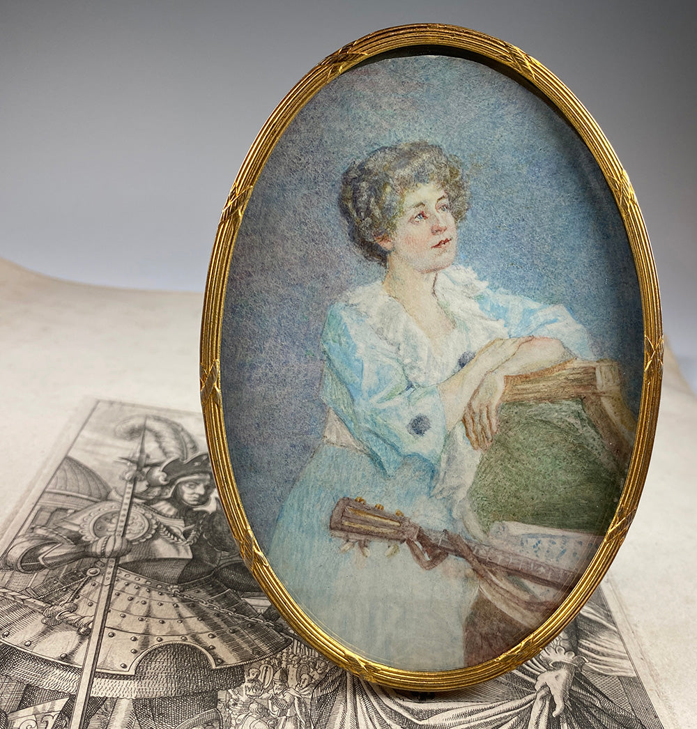 Antique c.1910 English Portrait Miniature, Woman with Guitar, 3/4 Pose, 24k Gold Plated 5" Frame