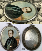 Antique English Portrait Miniature, c.1830-40s, Gentleman in .800 Silver Locket Frame