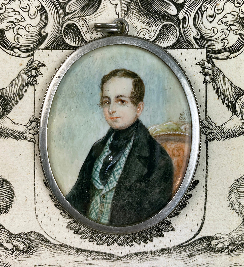 Antique English Portrait Miniature, c.1830-40s, Gentleman in .800 Silver Locket Frame