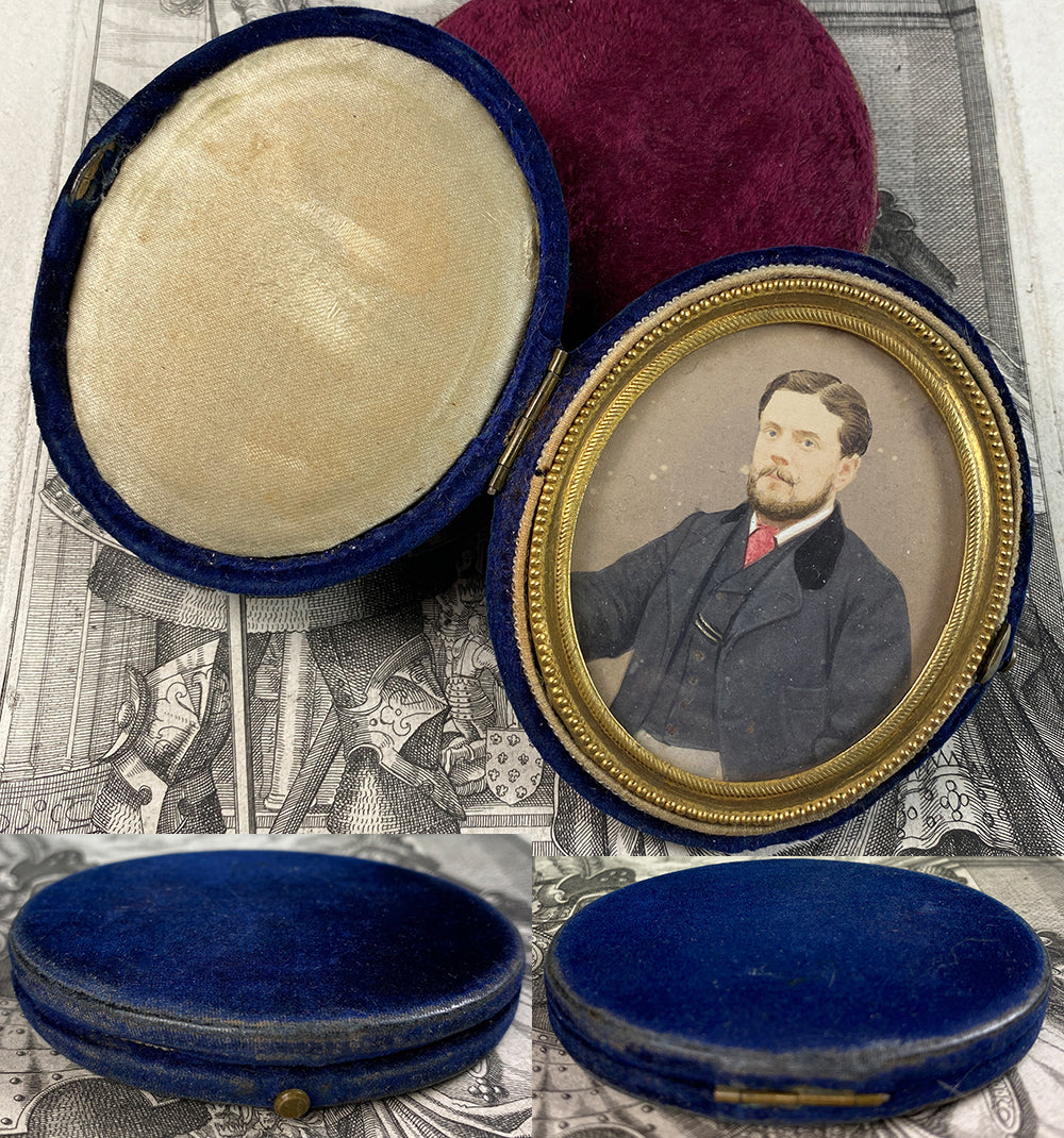 Antique Victorian to Edwardian English Portrait of a Gentleman, Silk Velvet Locket Case