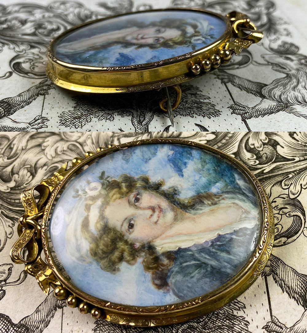 Antique French Portrait Miniature in Large 14k Gold Plated Bow Top Brooch Mount Frame
