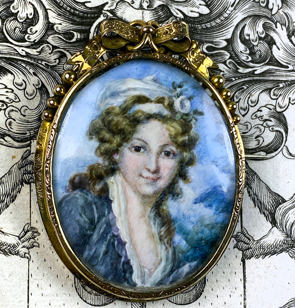 Antique French Portrait Miniature in Large 14k Gold Plated Bow Top Brooch Mount Frame