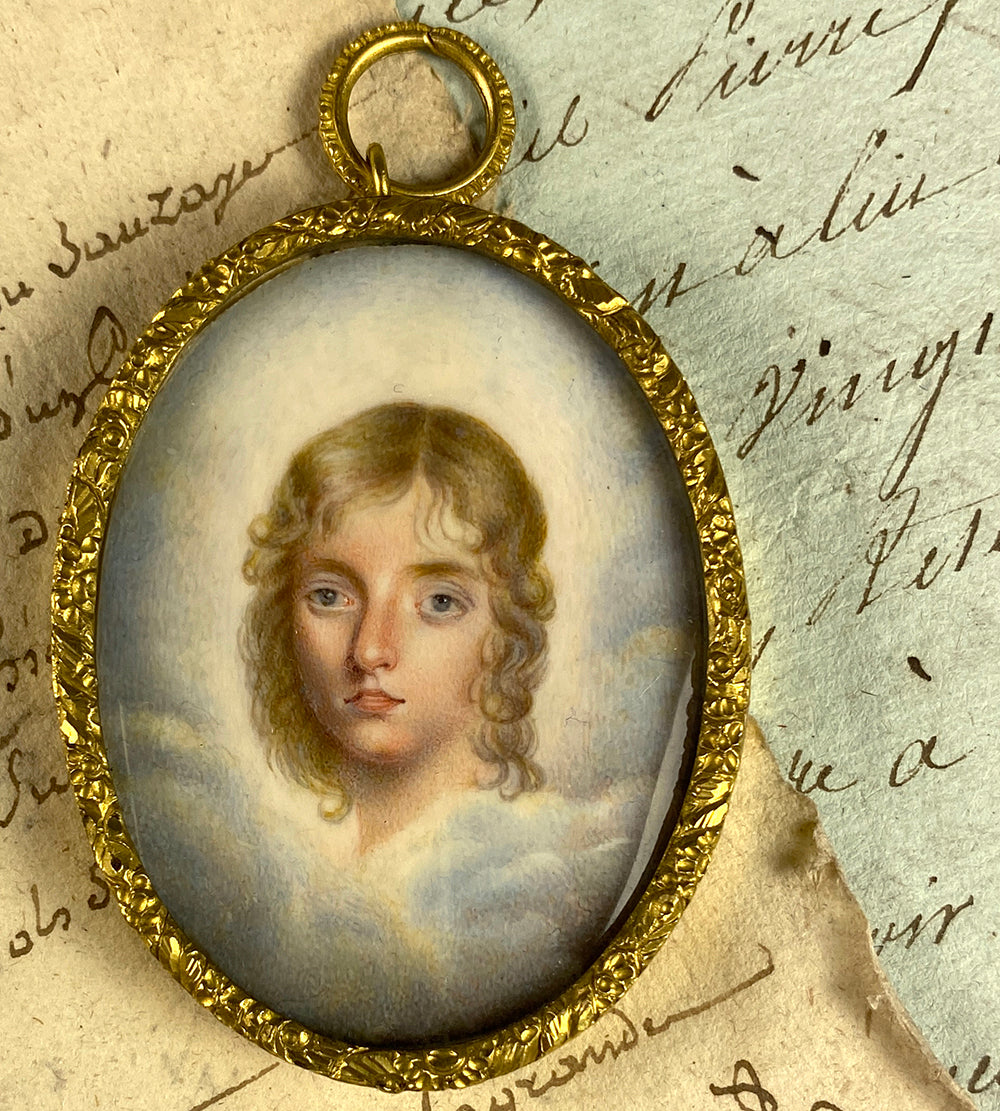 Antique Portrait Miniature of a Young Blond Boy Child, Clouds, Mourning Hair Art Locket, Pendant