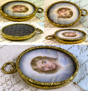 Antique Portrait Miniature of a Young Blond Boy Child, Clouds, Mourning Hair Art Locket, Pendant