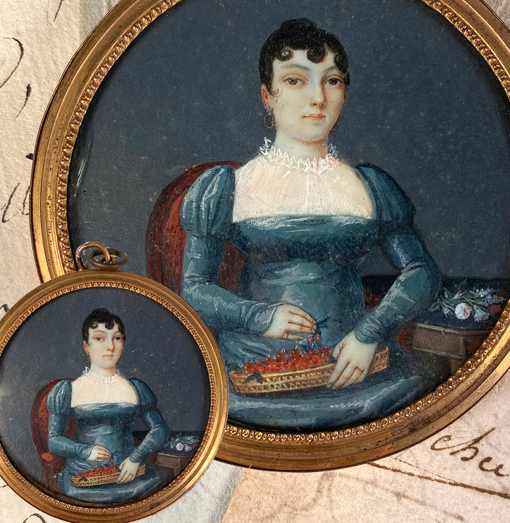 Antique French Empire 3/4 Seated Portrait Miniature, Woman with Cherries, Flowers, Interior
