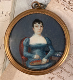 Antique French Empire 3/4 Seated Portrait Miniature, Woman with Cherries, Flowers, Interior