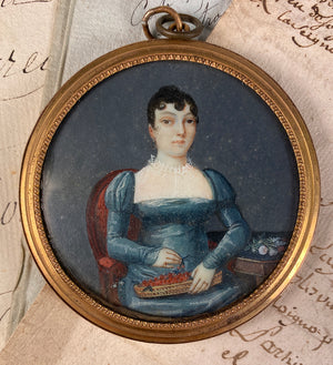 Antique French Empire 3/4 Seated Portrait Miniature, Woman with Cherries, Flowers, Interior