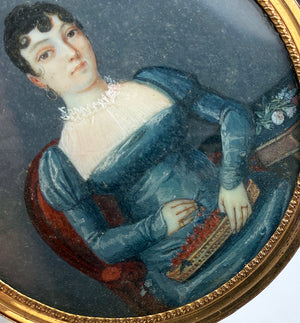 Antique French Empire 3/4 Seated Portrait Miniature, Woman with Cherries, Flowers, Interior