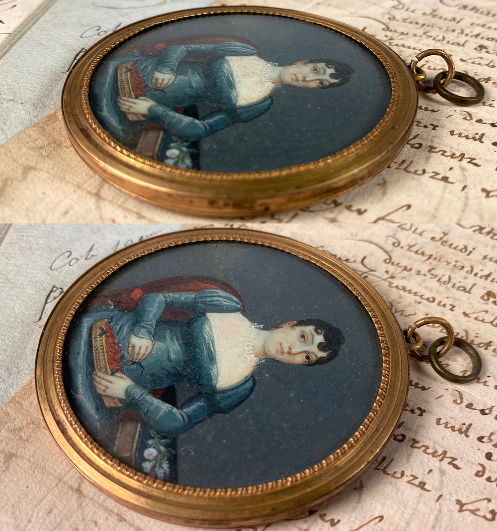 Antique French Empire 3/4 Seated Portrait Miniature, Woman with Cherries, Flowers, Interior