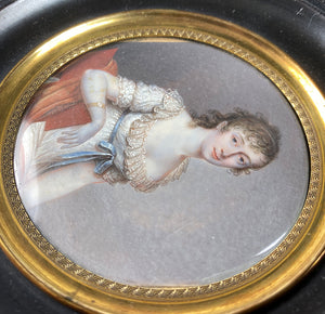 Masterpiece Antique French Portrait Miniature, Beautiful Young Woman, 3/4 Pose, Fine Detail