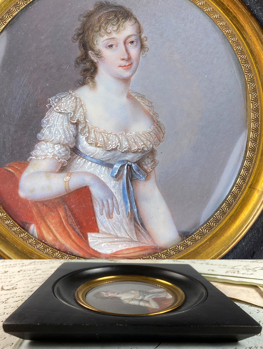 Masterpiece Antique French Portrait Miniature, Beautiful Young Woman, 3/4 Pose, Fine Detail