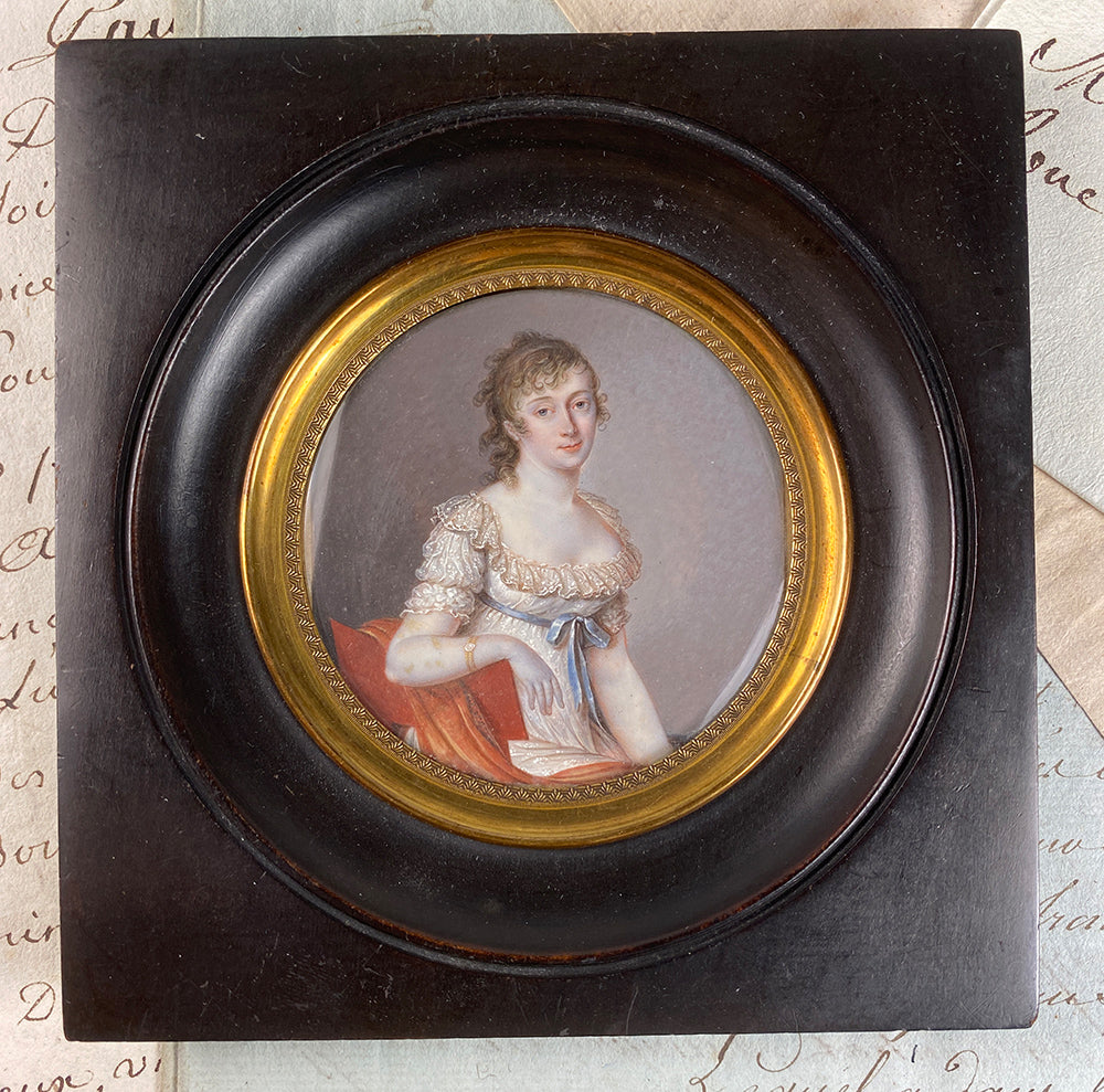 Masterpiece Antique French Portrait Miniature, Beautiful Young Woman, 3/4 Pose, Fine Detail