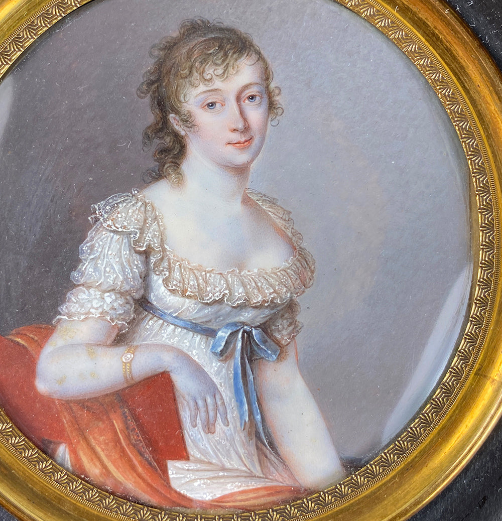 Masterpiece Antique French Portrait Miniature, Beautiful Young Woman, 3/4 Pose, Fine Detail